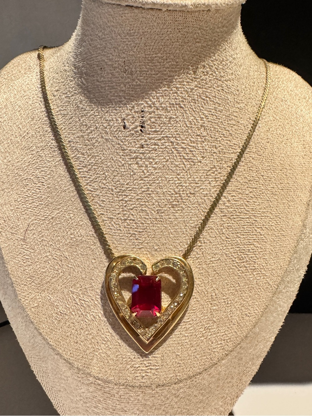 Vintage Heart Pendant Necklace with Red Gem
